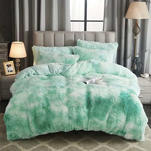 - SUPER SOFTShaggy Fluffy Faux Fur Duvet Cover Set Button Closure Vel…